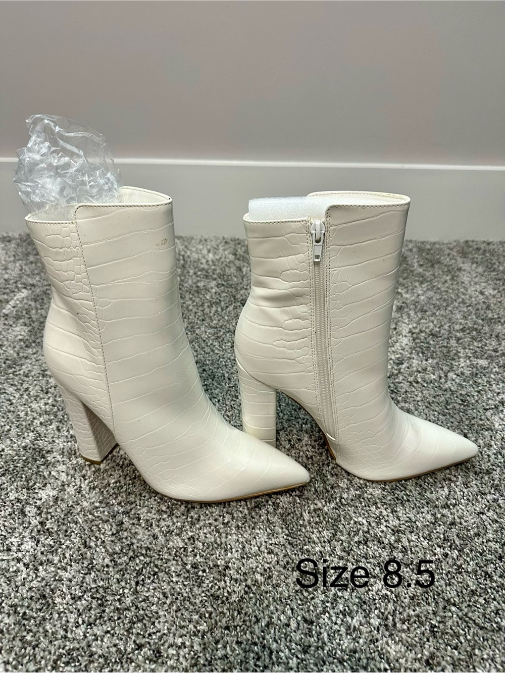 Women's Cream Croc-Embossed Pointed Toe Ankle Boots